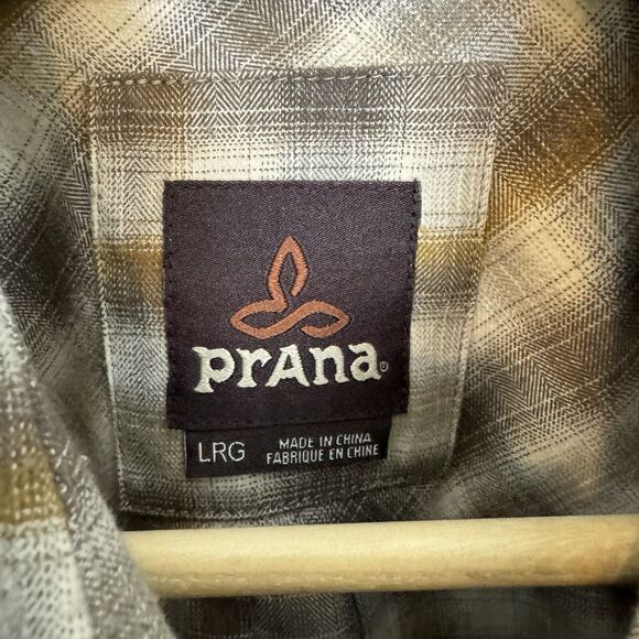 S Prana Shirt Mens Large Brown Plaid Long Sleeve Snap‎ Button Up Pockets - Picture 6 of 7